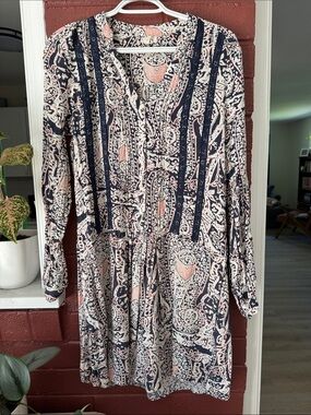 TINY Anthropologie Navy, Blush, and White Paisley Boho Long Sleeve Dress S